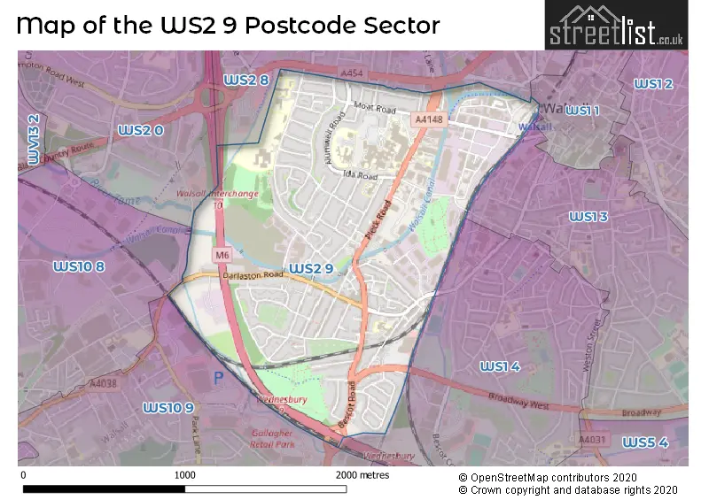 Map of the WS2 9 and surrounding postcode sector