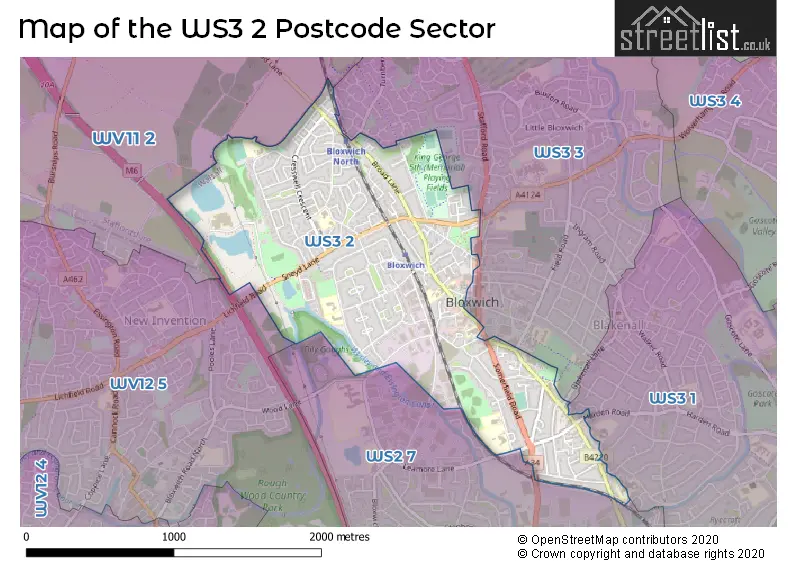 Map of the WS3 2 and surrounding postcode sector