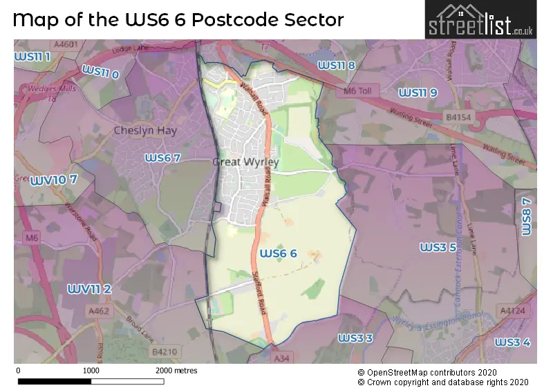 Map of the WS6 6 and surrounding postcode sector