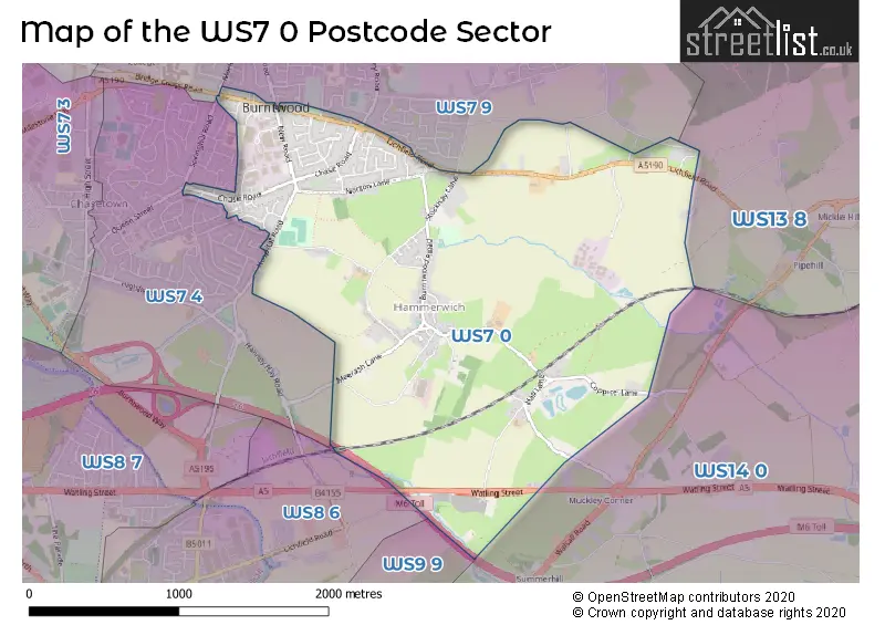 Map of the WS7 0 and surrounding postcode sector