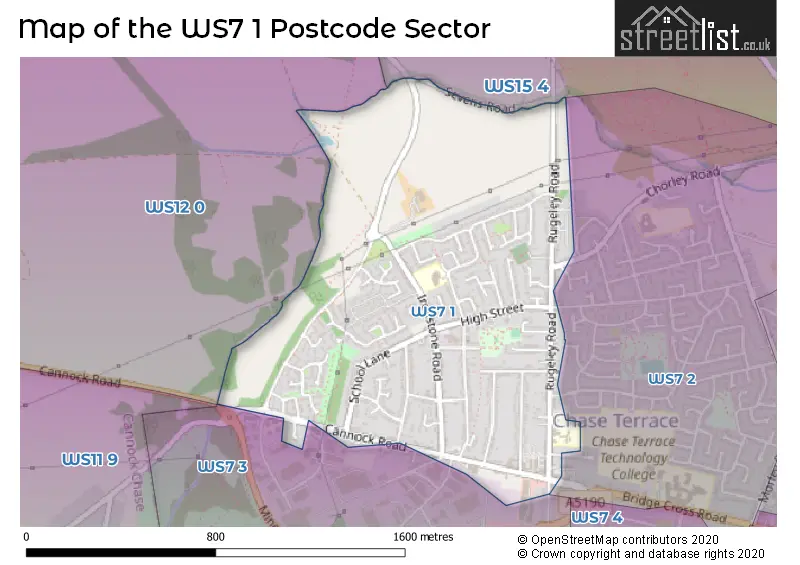 Map of the WS7 1 and surrounding postcode sector