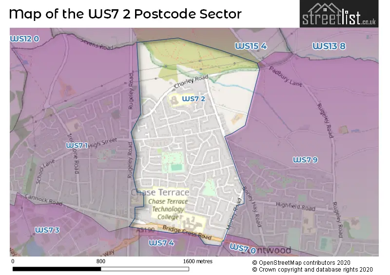 Map of the WS7 2 and surrounding postcode sector