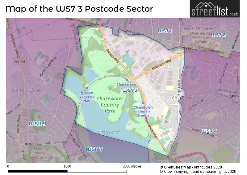 Map of the WS7 3 and surrounding postcode sector