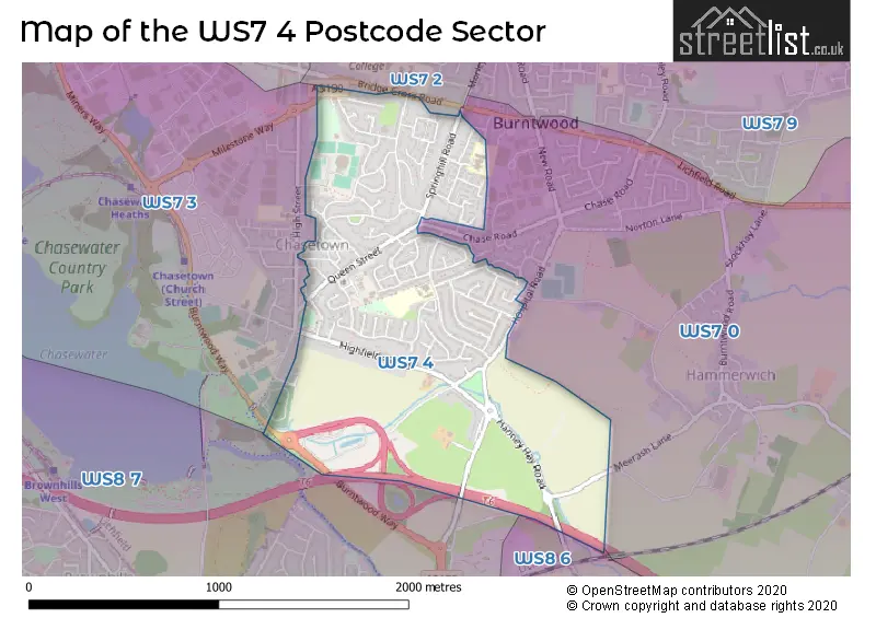Map of the WS7 4 and surrounding postcode sector