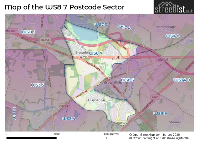 Map of the WS8 7 and surrounding postcode sector