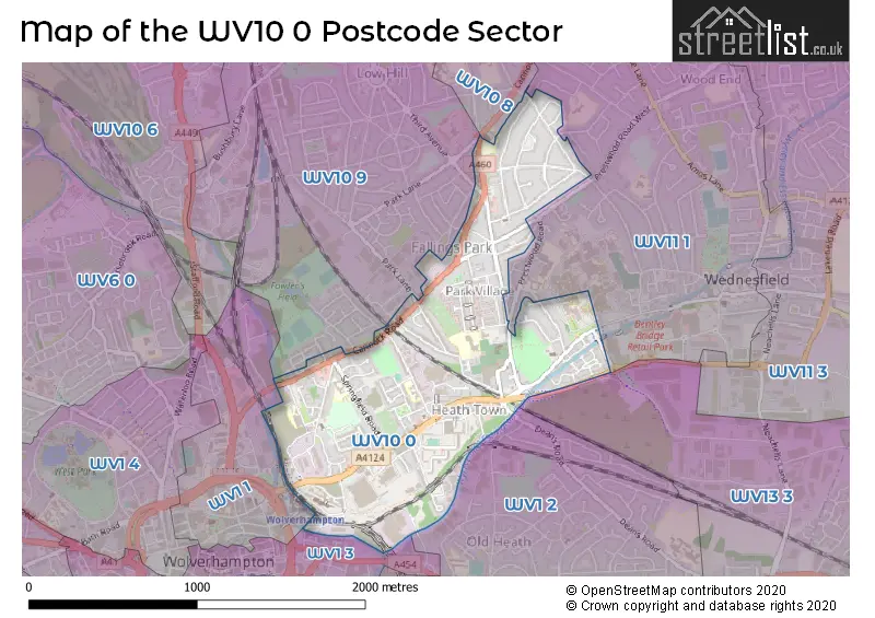 Map of the WV10 0 and surrounding postcode sector