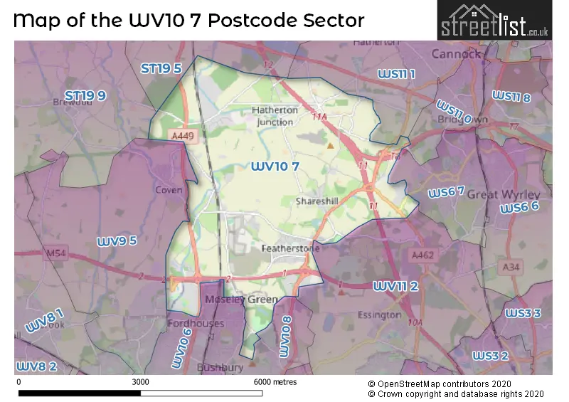 Map of the WV10 7 and surrounding postcode sector