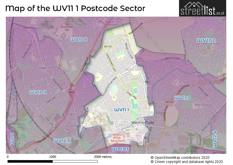 Map of the WV11 1 and surrounding postcode sector