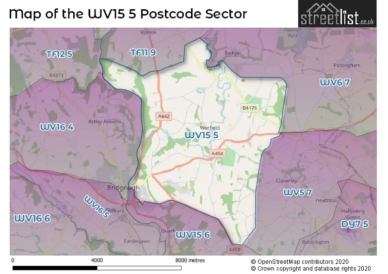 Map of the WV15 5 and surrounding postcode sector