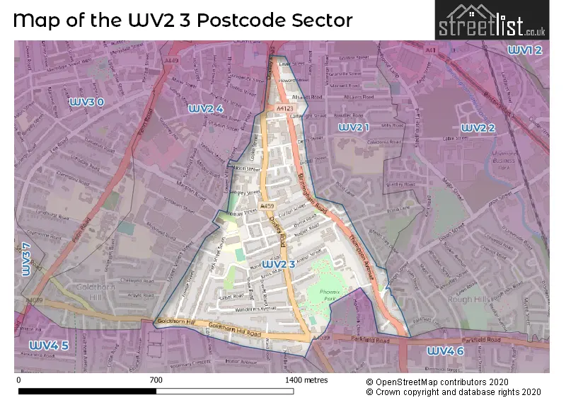 Map of the WV2 3 and surrounding postcode sector