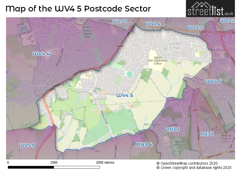 Map of the WV4 5 and surrounding postcode sector