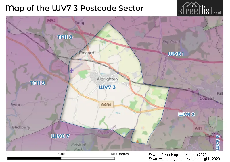 Map of the WV7 3 and surrounding postcode sector