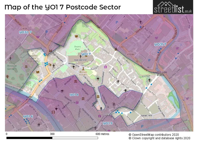 Map of the YO1 7 and surrounding postcode sector
