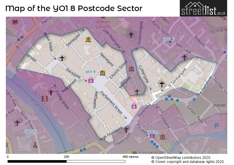 Map of the YO1 8 and surrounding postcode sector