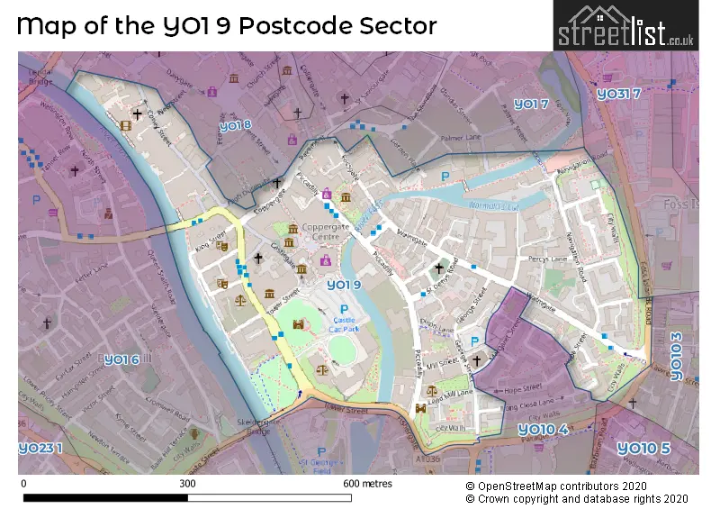 Map of the YO1 9 and surrounding postcode sector