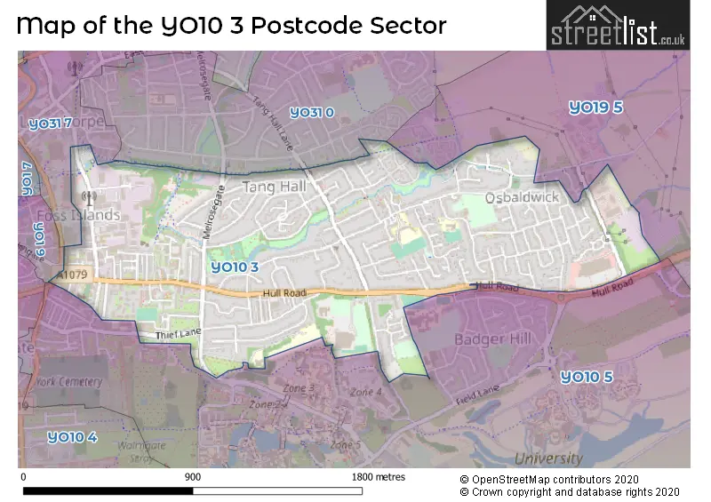 Map of the YO10 3 and surrounding postcode sector