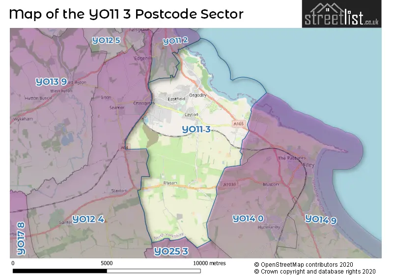 Map of the YO11 3 and surrounding postcode sector