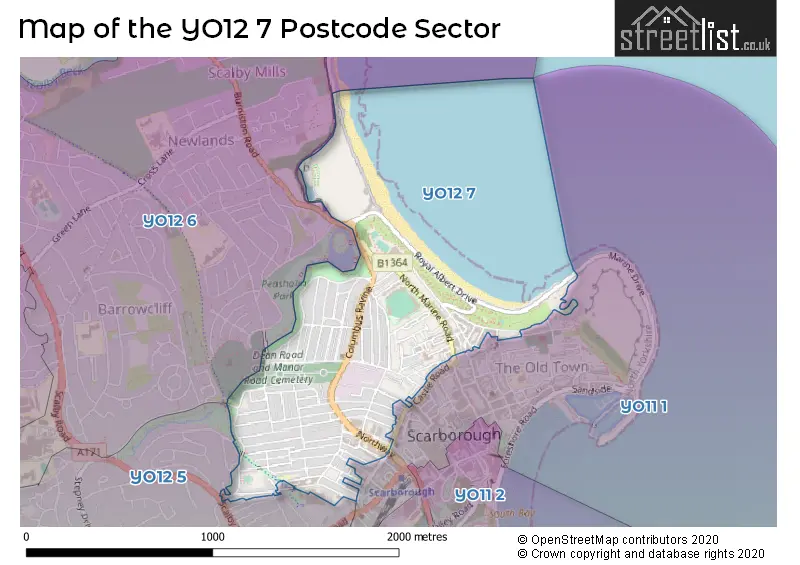 Map of the YO12 7 and surrounding postcode sector