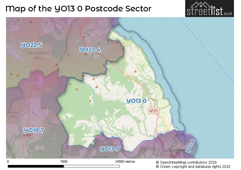 Map of the YO13 0 and surrounding postcode sector