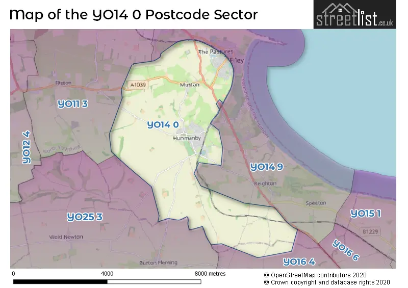 Map of the YO14 0 and surrounding postcode sector