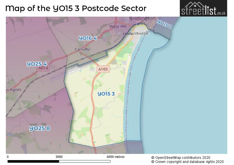 Map of the YO15 3 and surrounding postcode sector