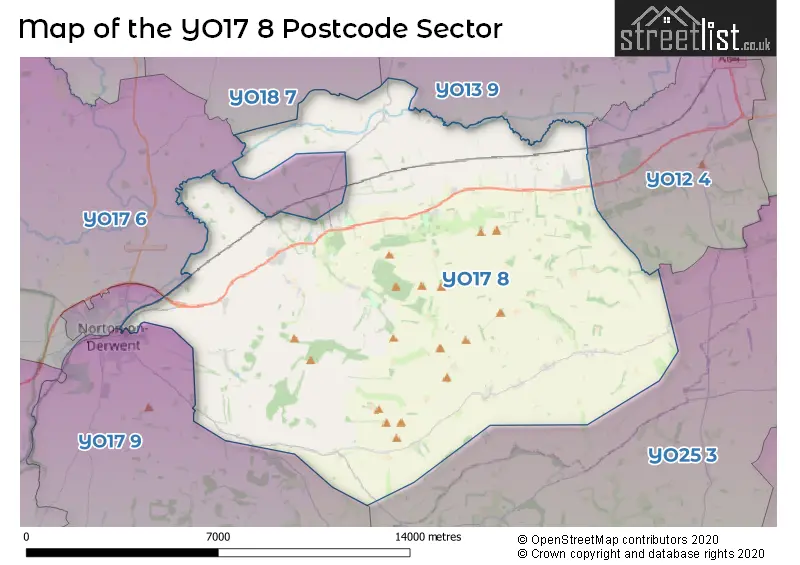 Map of the YO17 8 and surrounding postcode sector