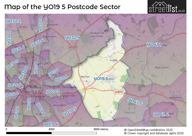 Map of the YO19 5 and surrounding postcode sector