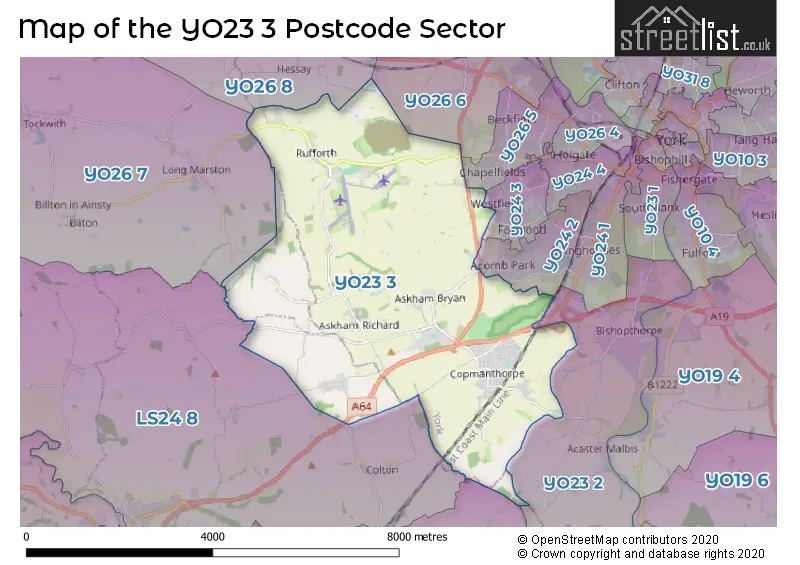Map of the YO23 3 and surrounding postcode sector