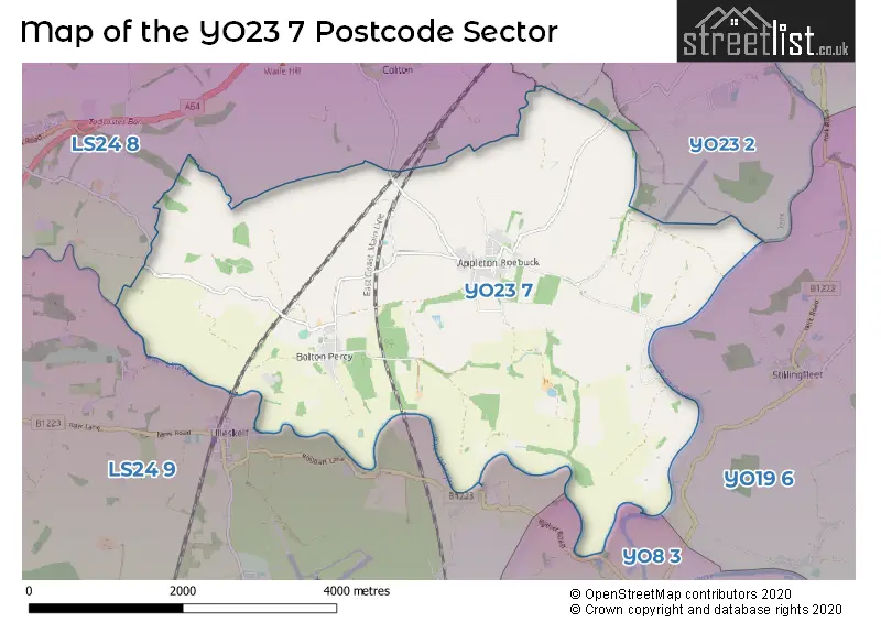 Map of the YO23 7 and surrounding postcode sector
