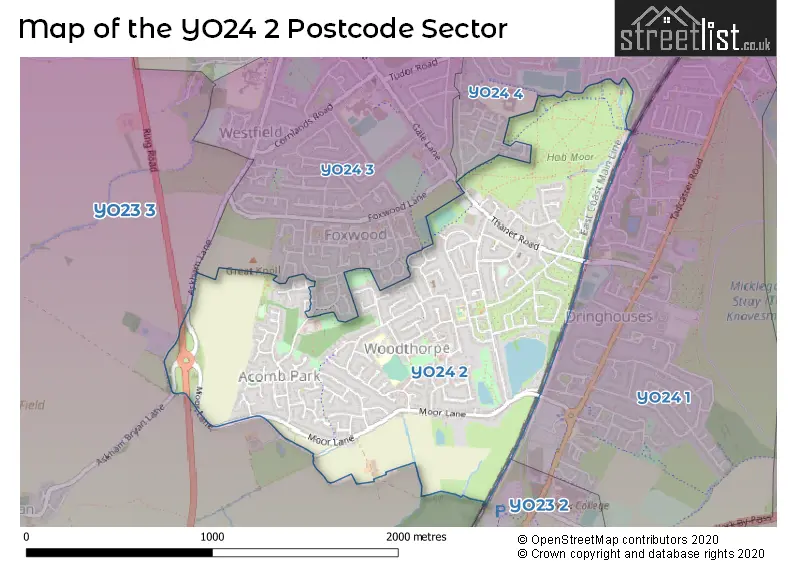 Map of the YO24 2 and surrounding postcode sector