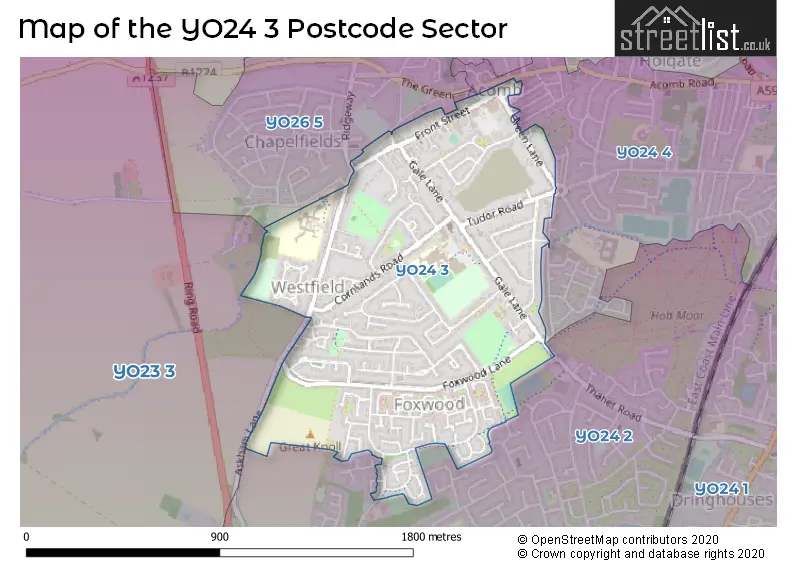 Map of the YO24 3 and surrounding postcode sector