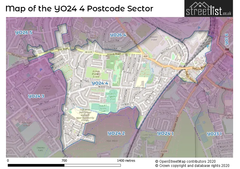 Map of the YO24 4 and surrounding postcode sector