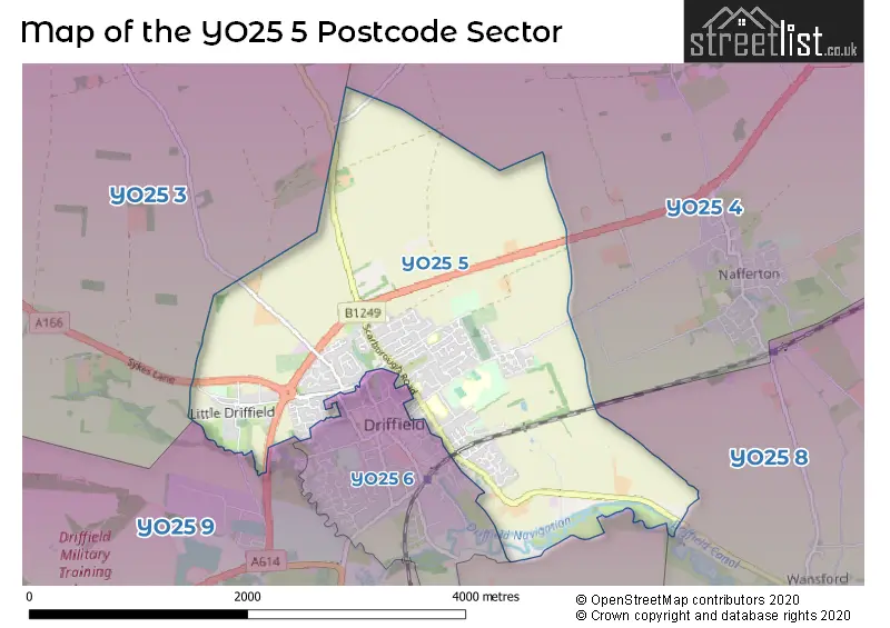 Map of the YO25 5 and surrounding postcode sector