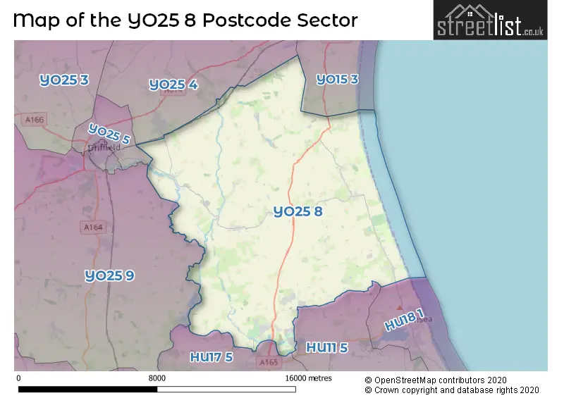 Map of the YO25 8 and surrounding postcode sector