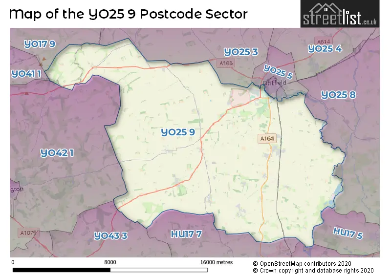 Map of the YO25 9 and surrounding postcode sector