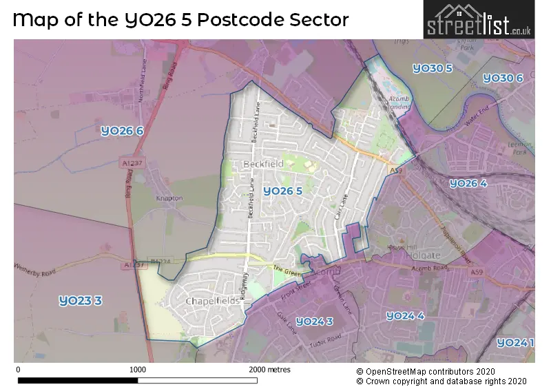 Map of the YO26 5 and surrounding postcode sector