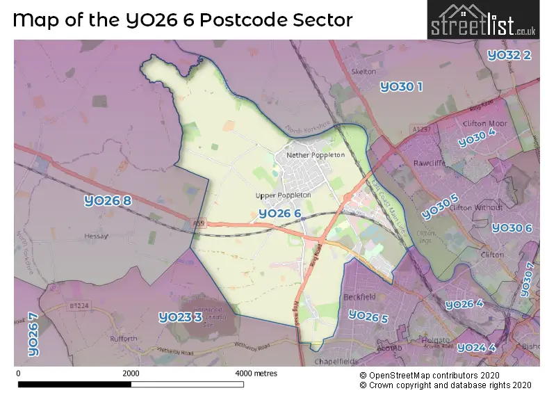 Map of the YO26 6 and surrounding postcode sector
