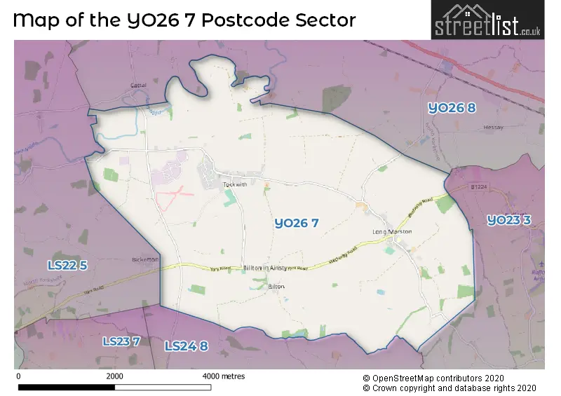 Map of the YO26 7 and surrounding postcode sector
