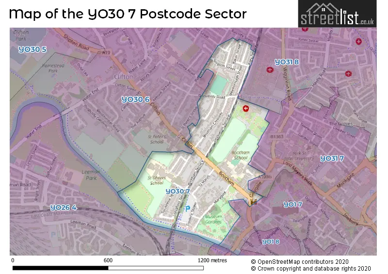 Map of the YO30 7 and surrounding postcode sector