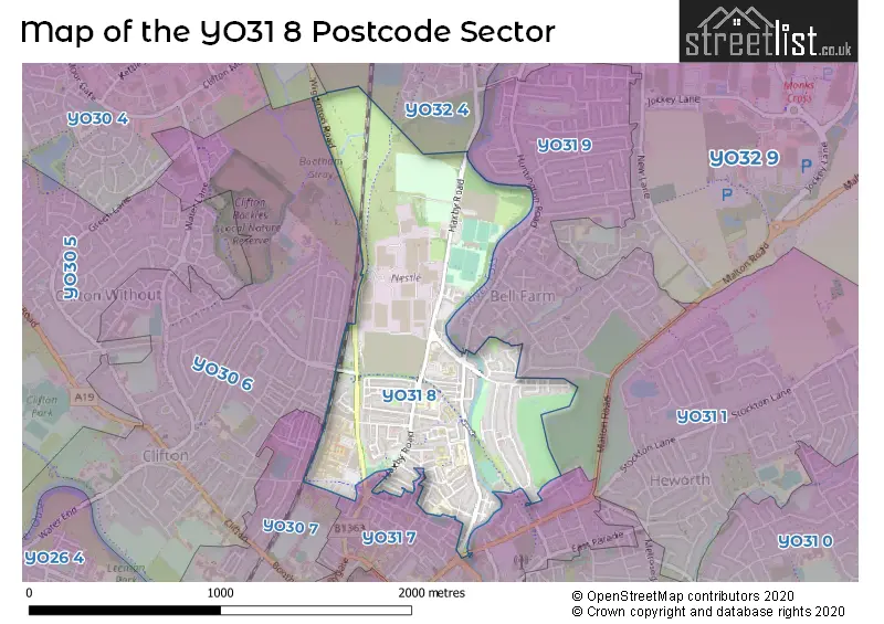 Map of the YO31 8 and surrounding postcode sector