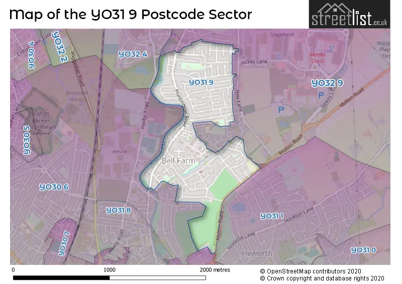 Map of the YO31 9 and surrounding postcode sector