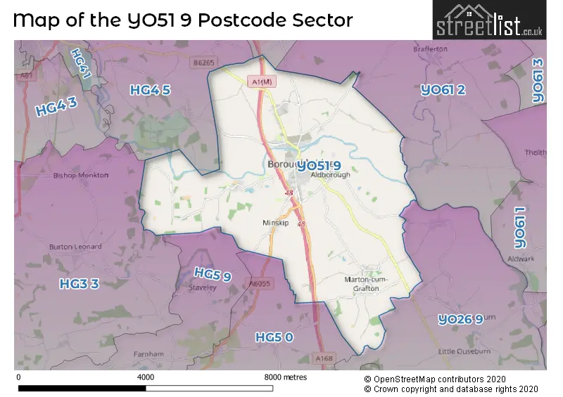 Map of the YO51 9 and surrounding postcode sector