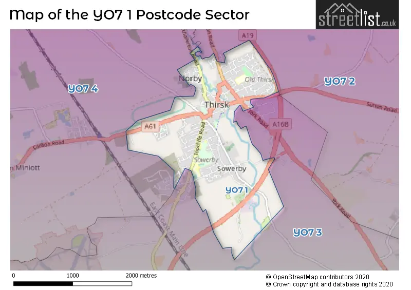 Map of the YO7 1 and surrounding postcode sector