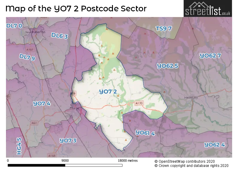 Map of the YO7 2 and surrounding postcode sector