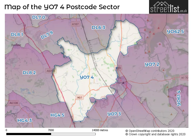 Map of the YO7 4 and surrounding postcode sector