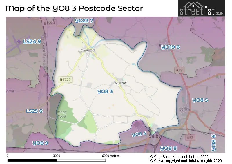 Map of the YO8 3 and surrounding postcode sector