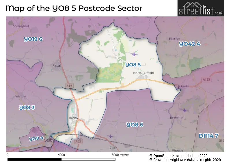 Map of the YO8 5 and surrounding postcode sector