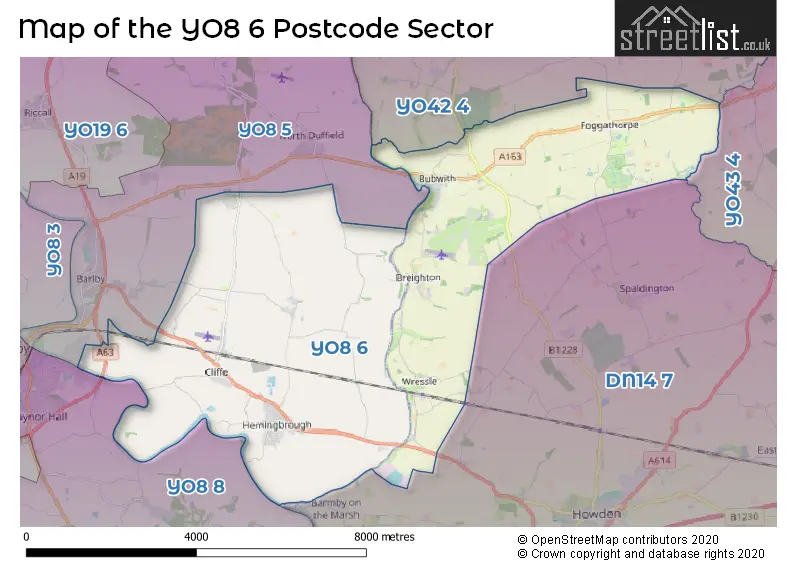 Map of the YO8 6 and surrounding postcode sector