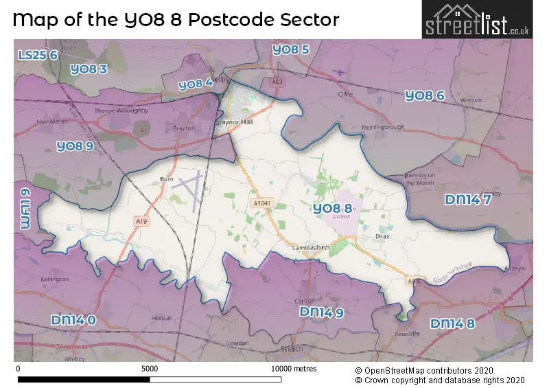 Map of the YO8 8 and surrounding postcode sector