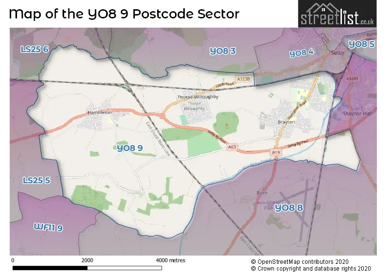Map of the YO8 9 and surrounding postcode sector